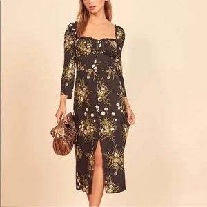 Reformation Black Floral Midi Dress Sweetheart Neck Puff Sleeve Size 4